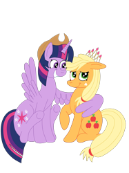 Size: 1936x2592 | Tagged: safe, artist:squipycheetah, imported from derpibooru, applejack, twilight sparkle, alicorn, pony, accessory swap, applejack's hat, crown, cute, female, happy, hat, hug, lesbian, looking down, looking up, mare, shipping, simple background, sitting, smiling, spread wings, transparent background, twiabetes, twijack, twilight sparkle (alicorn), vector, winghug