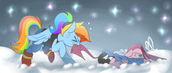 Size: 3483x1483 | Tagged: safe, artist:thegreatrouge, imported from derpibooru, pinkie pie, rainbow dash, clothes, crossover, duo, eyes closed, pants, pinkamena diane pie, rainbowdyne, raised hoof, sans (undertale), sans pie, snow, struggling, undertale, undyne, winter outfit