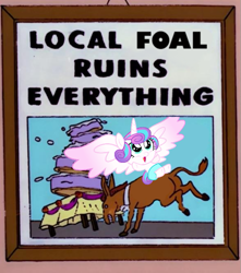 Size: 587x663 | Tagged: safe, imported from derpibooru, princess flurry heart, donkey, the crystalling, evil, evil flurry heart, flurry heart ruins everything, local mare ruins everything, meme, parody, that baby sure does love mayhem, the simpsons