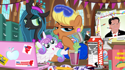 Size: 1024x576 | Tagged: safe, artist:pixelkitties, imported from derpibooru, gummy, ms. harshwhinny, princess flurry heart, queen chrysalis, twist, bald eagle, the crystalling, alcohol, apple, baby bottle, bagpipes o'toole, computer, food, harley quinn, laptop computer, milk carton, ms. harshwhinny's election campaign, politics, scotch, ted cruz, underaged drinking, votehorse