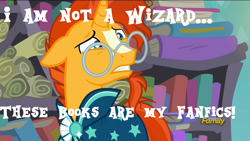 Size: 1280x720 | Tagged: safe, edit, edited screencap, imported from derpibooru, screencap, sunburst, pony, unicorn, the crystalling, discovery family logo, fanfic, glasses, male, solo, stallion, text