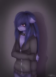 Size: 873x1200 | Tagged: safe, artist:rainbowhitter, imported from derpibooru, oc, oc only, oc:cosmia nebula, anthro, choker, clothes, emo, hoodie