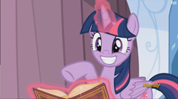 Size: 1960x1088 | Tagged: safe, imported from derpibooru, screencap, twilight sparkle, alicorn, pony, the crystalling, book, discovery family logo, female, mare, smiling, solo, twilight sparkle (alicorn)