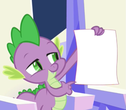 Size: 559x490 | Tagged: safe, edit, edited screencap, imported from derpibooru, screencap, spike, the crystalling, exploitable, forced meme, male, meme, solo, spike holding a paper, template