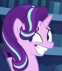 Size: 513x587 | Tagged: safe, imported from derpibooru, screencap, starlight glimmer, pony, unicorn, the crystalling, faic, female, grin, mare, nervous, nervous grin, smiling, solo, sweat