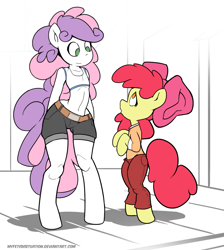 Size: 1229x1369 | Tagged: safe, artist:myfetishsituation, imported from derpibooru, apple bloom, sweetie belle, anthro, unguligrade anthro, arm hooves, belly button, clothes, midriff, sports bra