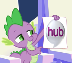 Size: 559x490 | Tagged: safe, edit, edited screencap, imported from derpibooru, screencap, spike, the crystalling, forced meme, hub logo, meme, spike holding a paper, the hub