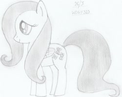 Size: 1888x1504 | Tagged: safe, artist:kogy323, imported from derpibooru, fluttershy, female, folded wings, looking away, monochrome, pencil drawing, simple background, solo, standing, traditional art