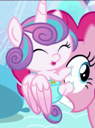 Size: 757x1020 | Tagged: safe, imported from derpibooru, screencap, pinkie pie, princess flurry heart, facehugger, pony, the crystalling, animated, baby, cloth diaper, diaper, duo, eye poke, eye scream, eyes closed, facehug, female, grin, humping, loop, open mouth, out of context, princess facehugger, safety pin, smiling, solo focus, squee, wide eyes