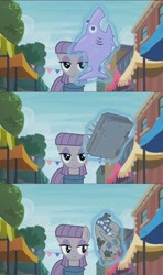 Size: 1920x3240 | Tagged: safe, imported from derpibooru, screencap, jumpy the shark, maud pie, smarty pants, earth pony, pony, shark, unicorn, inspiration manifestation, the gift of the maud pie, book, female, frown, implied rarity, inspiration manifestation book, levitation, lidded eyes, looking at you, magic, mare, plushie, shark plushie, solo, telekinesis