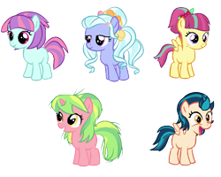 Size: 862x688 | Tagged: safe, artist:berrypunchrules, imported from derpibooru, indigo zap, lemon zest, sour sweet, sugarcoat, sunny flare, equestria girls, adoraflare, cute, equestria girls ponified, filly, ponified, simple background, sourbetes, sugarcute, transparent background, younger, zapabetes, zestabetes