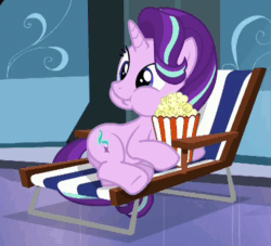 Size: 725x657 | Tagged: safe, imported from derpibooru, screencap, starlight glimmer, pony, unicorn, season 6, the crystalling, animated, aweeg*, beach chair, chair, chipmunk cheeks, cute, dis gon b gud, eating, female, food, gif, glimmerbetes, lawn chair, loop, mare, on side, popcorn, puffy cheeks, reaction image, side, solo, underhoof