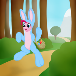Size: 1000x1000 | Tagged: safe, artist:redquoz, imported from derpibooru, pinkie pie, pony, bipedal, bunny costume, clothes, costume, easter, easter bunny, easter egg, female, forest, holiday, skipping, solo, spring