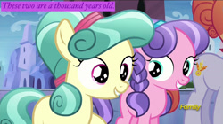 Size: 2048x1145 | Tagged: safe, imported from derpibooru, screencap, amber laurel, cloudy spinel, coral shores, crystal pony, pony, the crystalling, discovery family logo, duo focus, female, filly, mare