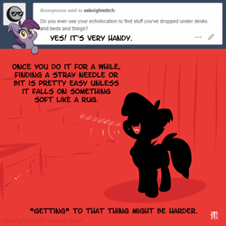 Size: 900x900 | Tagged: safe, artist:1trick, imported from derpibooru, oc, oc only, oc:night stitch, bat pony, pony, ask night stitch, ask, echolocation, needle, solo, tumblr