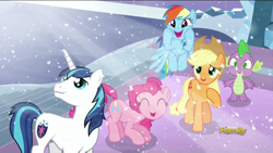 Size: 1920x1080 | Tagged: safe, imported from derpibooru, screencap, applejack, pinkie pie, rainbow dash, shining armor, spike, the crystalling, awesome face, cute, discovery family, discovery family logo