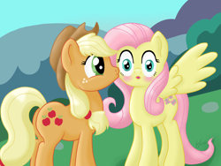 Size: 4000x3000 | Tagged: safe, artist:emberfall0507, imported from derpibooru, applejack, fluttershy, earth pony, pegasus, pony, appleshy, cheek kiss, duo, female, kissing, lesbian, mare, shipping, surprise kiss, wingboner