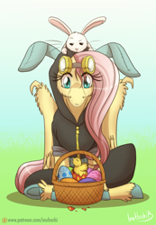 Size: 800x1159 | Tagged: safe, artist:inuhoshi-to-darkpen, imported from derpibooru, angel bunny, fluttershy, pegasus, pony, basket, bunny ears, chick, clothes, costume, dangerous mission outfit, easter, easter egg, female, goggles, hoodie, mare, patreon, patreon logo, unshorn fetlocks