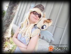 Size: 4608x3456 | Tagged: safe, artist:krazykari, imported from derpibooru, derpy hooves, doctor whooves, time turner, human, clothes, cosplay, costume, crossed arms, irl, irl human, patreon, patreon logo, photo, plushie, solo