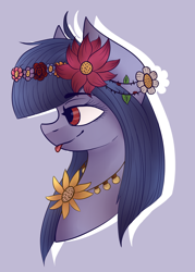 Size: 1024x1431 | Tagged: safe, artist:ashtrol, imported from derpibooru, oc, oc only, oc:cosmia nebula, flower, portrait, solo, tongue out