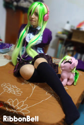 Size: 2296x3408 | Tagged: safe, artist:ribbonbell, imported from derpibooru, lemon zest, human, equestria girls, clothes, cosplay, costume, crystal prep academy uniform, headphones, irl, irl human, missing shoes, photo, photography, plushie, school uniform, self plushidox, self ponidox, skirt, socks