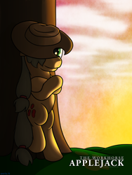 Size: 2400x3200 | Tagged: safe, artist:bluesparkks, imported from derpibooru, applejack, bipedal leaning, female, solo, sunset, tree