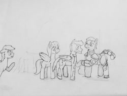 Size: 960x720 | Tagged: safe, imported from derpibooru, oc, oc only, oc:forage, oc:razorhail, oc:sunfall, comic:sunfall, fallout equestria, /foe/, armor, monochrome, powered exoskeleton, traditional art