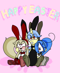 Size: 1800x2200 | Tagged: safe, artist:fullmetalpikmin, imported from derpibooru, oc, oc only, oc:cherry blossom, oc:mal, oc:viewing pleasure, tumblr:ask viewing pleasure, bunny ears, bunny suit, clothes, congenital amputee, easter