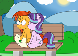 Size: 1400x1000 | Tagged: safe, artist:spritepony, imported from derpibooru, starlight glimmer, sunburst, pony, unicorn, the crystalling, blushing, female, kissing, male, park, park bench, shipping, sitting, starburst, straight