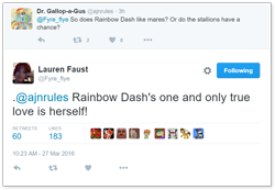 Size: 934x646 | Tagged: safe, imported from derpibooru, rainbow dash, lauren faust, meta, narcissism, shipping, text, twitter, word of faust