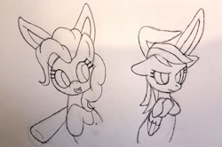 Size: 1203x800 | Tagged: safe, artist:fuzon-s, imported from derpibooru, pinkie pie, rainbow dash, bunny ears, crossed arms, easter, floppy ears, happy, photo, sketch, traditional art, unamused, underhoof