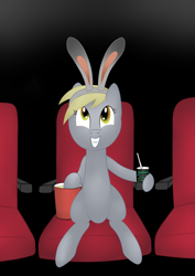 Size: 2542x3600 | Tagged: safe, artist:cyrusguildart, imported from derpibooru, derpy hooves, pegasus, pony, bunny ears, cinema, drink, female, food, grin, headband, mare, movie, popcorn, sitting, smiling, soda, solo, zootopia