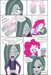 Size: 4732x6946 | Tagged: safe, artist:cesar3o0, imported from derpibooru, limestone pie, marble pie, pinkie pie, equestria girls, absurd resolution, barefoot, belly button, blushing, comic, dialogue, equestria girls-ified, erotic tickling, feet, fetish, foot fetish, mhm, midriff, pie sisters, recorder, show accurate, simple background, tickle fetish, tickling, white background