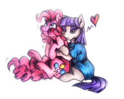 Size: 1038x836 | Tagged: safe, artist:buttersprinkle, imported from derpibooru, maud pie, pinkie pie, earth pony, pony, clothes, colored pencil drawing, cute, diapinkes, duo, female, heart, hug, hug from behind, mare, maudabetes, pen drawing, simple background, sisters, squeezing, suffocating, traditional art, unamused, white background