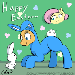 Size: 1280x1280 | Tagged: safe, artist:nekocrispy, imported from derpibooru, caramel, fluttershy, rabbit, bunny ears, bush, clothes, costume, easter, easter bunny, socially awkward pony, wat, wut face