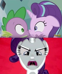 Size: 504x600 | Tagged: safe, edit, edited screencap, imported from derpibooru, screencap, rarity, spike, starlight glimmer, the crystalling, angry, female, jealous, male, out of context, rarity is a cougar, shipping, sparlight, straight, this will end in tears and/or death