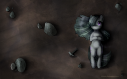 Size: 1400x870 | Tagged: safe, artist:0biter, imported from derpibooru, marble pie, female, hair over one eye, looking at the sky, lying down, on back, pickaxe, solo