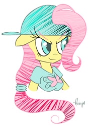 Size: 901x1193 | Tagged: safe, artist:midnightmare247, imported from derpibooru, fluttershy, anthro, 20% cooler, backwards ballcap, bust, cap, clothes, female, hair tie, hat, looking at something, looking away, portrait, simple background, smug, solo, t-shirt, white background