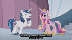 Size: 1281x722 | Tagged: safe, imported from derpibooru, screencap, princess cadance, shining armor, the crystalling, discovery family logo, meme, youtube caption, youtube link