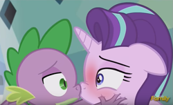 Size: 719x437 | Tagged: safe, edit, edited screencap, imported from derpibooru, screencap, spike, starlight glimmer, dragon, pony, unicorn, the crystalling, bedroom eyes, blushing, discovery family logo, duo, eye contact, female, floppy ears, interspecies, kiss edit, kiss on the lips, kissing, male, mare, shipping, sparlight, straight, wide eyes