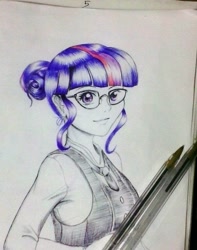 Size: 757x960 | Tagged: safe, artist:aspirantedeartista, derpibooru exclusive, imported from derpibooru, sci-twi, twilight sparkle, equestria girls, friendship games, adorkable, cute, dork, female, glasses, humanized, inktober, nerd, solo, traditional art