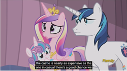 Size: 1281x722 | Tagged: safe, imported from derpibooru, screencap, princess cadance, princess flurry heart, shining armor, pony, the crystalling, baby, baby pony, diaper, discovery family logo, foal, meme, youtube caption, youtube link