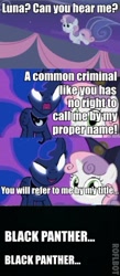 Size: 186x427 | Tagged: safe, edit, edited screencap, imported from derpibooru, screencap, princess luna, sweetie belle, alicorn, pony, unicorn, for whom the sweetie belle toils, luna eclipsed, black panther, female, impact font, mare, text