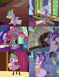 Size: 671x877 | Tagged: safe, imported from derpibooru, screencap, atticus, cherry valley, sly flourish, spike, starlight glimmer, dragon, pony, unicorn, power ponies (episode), the crystalling, the hooffields and mccolts, too many pinkie pies, book, comparison, female, filly, filly starlight glimmer, food, glowing horn, horn, magic, male, mare, popcorn, sitting, stool, telekinesis, younger