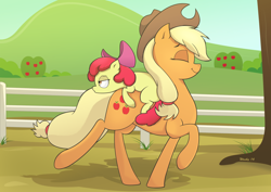 Size: 1280x905 | Tagged: safe, artist:wonkysole, imported from derpibooru, apple bloom, applejack, adorabloom, apple bloom riding applejack, cute, eyes closed, jackabetes, ponies riding ponies, riding, trotting