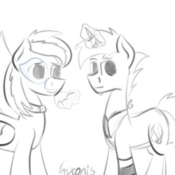 Size: 1024x1024 | Tagged: safe, artist:valthonis, imported from derpibooru, oc, oc only, oc:spirit light, oc:valthonis, pegasus, pony, unicorn, collar, glasses, looking at you, sketch