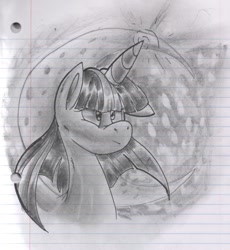 Size: 650x707 | Tagged: safe, artist:virus-20, imported from derpibooru, twilight sparkle, female, grayscale, lined paper, magic, monochrome, moon, solo, traditional art