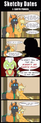 Size: 1024x3063 | Tagged: safe, artist:sketchybug, artist:sketchychangeling, imported from derpibooru, applejack, granny smith, oc, oc:sketchy bughorse, changeling, earth pony, pony, beanie, canon x oc, clothes, comic, cowboy hat, female, gun, hat, hoodie, male, mare, out of character, racism, shipping, shotgun, straight, watermark, weapon