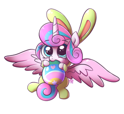 Size: 980x900 | Tagged: safe, artist:frankier77, imported from derpibooru, princess flurry heart, pony, baby, baby pony, biting, bunny costume, bunny ears, clothes, cute, easter, easter egg, female, flurrybetes, looking at you, looking up, nom, simple background, sitting, smiling, solo, spread wings, transparent background