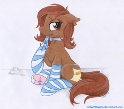 Size: 1000x884 | Tagged: safe, artist:foxxy-arts, imported from derpibooru, oc, oc only, oc:penny, bedroom eyes, chest fluff, choker, clothes, panties, socks, solo, striped socks, underhoof, underwear